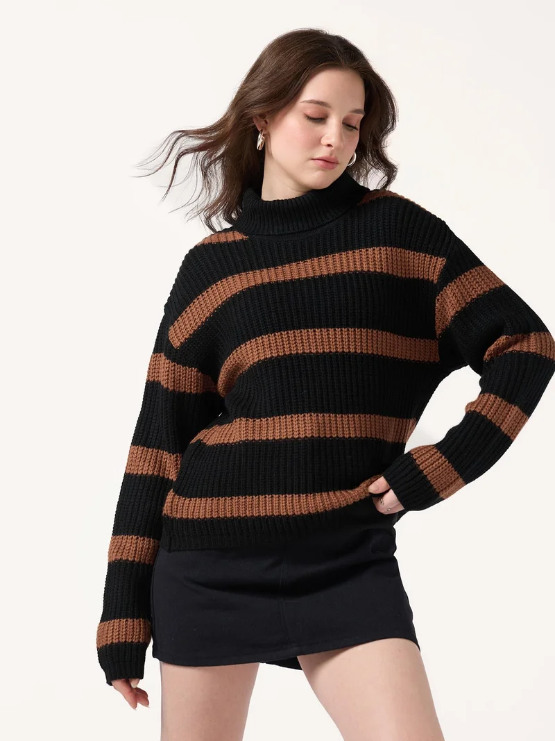 Outzidr Black Black High Neck Striper Sweater for Women | Best Price UAE