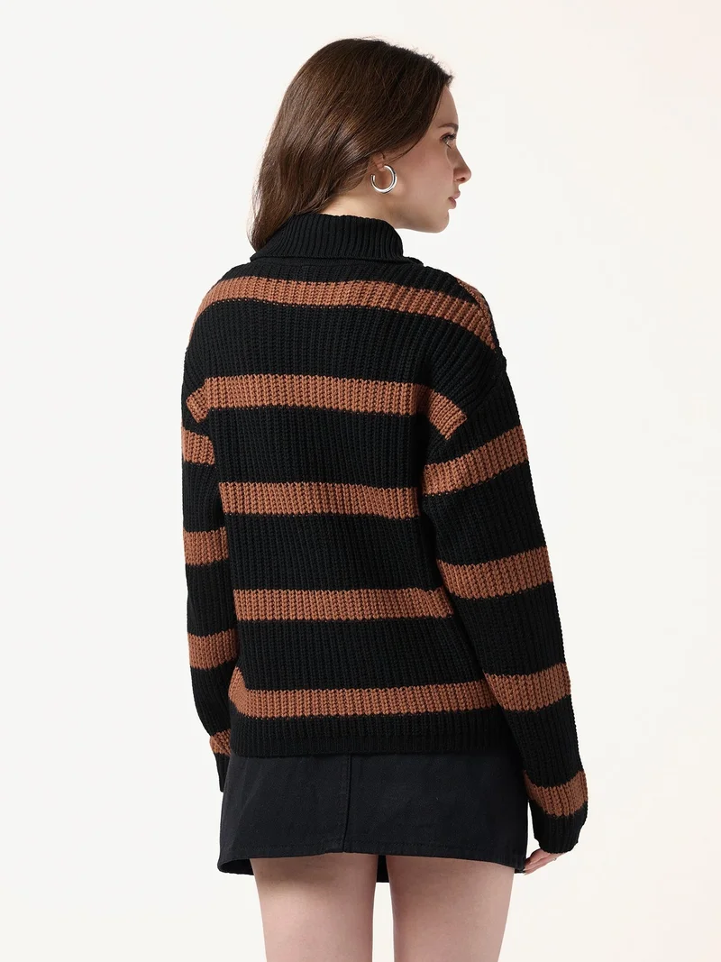 Outzidr Black Black High Neck Striper Sweater for Women | Best Price UAE
