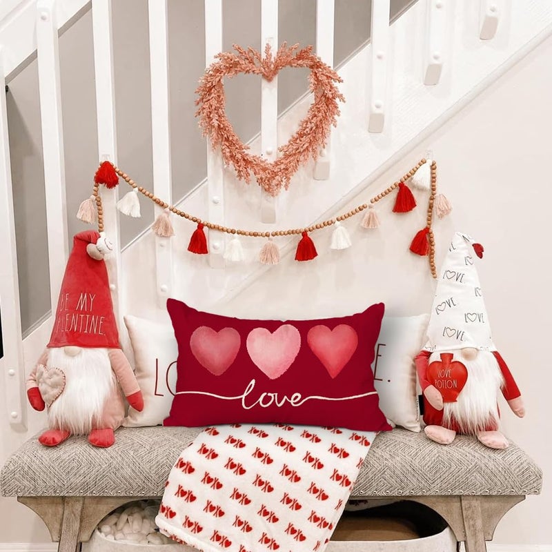 RABUSOFA Valentines Pillow Covers 12x20 Red Pink Hearts Love Throw Decorative Outdoor Lumbar Cushion Cases for Valentines Decor Decorations for Home Couch Patio(26018R-12) - Image 3