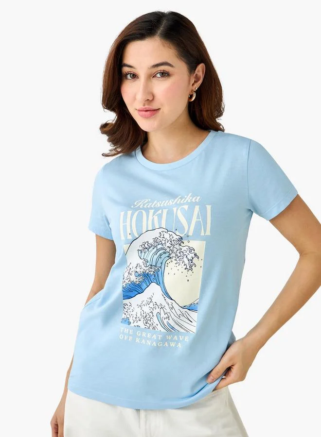 SP Characters Cotton T-shirt with Katsushika Hokusai Graphic Print