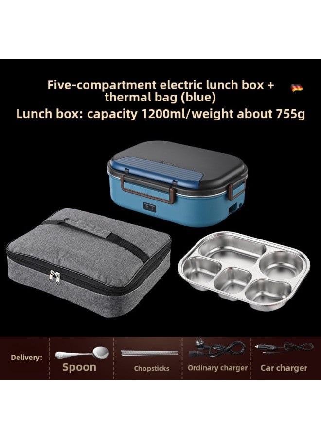 Electric Lunch Box Water Injection-free Heating Plug-in Electric Car Insulation Large Capacity Food Separated Hot Lunch Box-Specifications:(Blue) Electric Lunch Box Five Grids/insulation Bag * With Spoon  - Image 1
