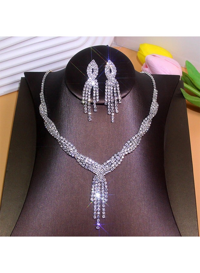 HY Silver Bride Wedding Jewelry Sets Crystal Bridal Necklace Earrings Set Rhinestone Costume Jewelry Set Prom Choker Necklace for Women and Brides  - Image 3