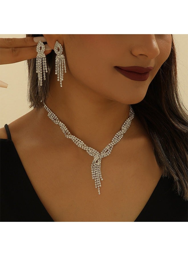 HY Silver Bride Wedding Jewelry Sets Crystal Bridal Necklace Earrings Set Rhinestone Costume Jewelry Set Prom Choker Necklace for Women and Brides  - Image 4