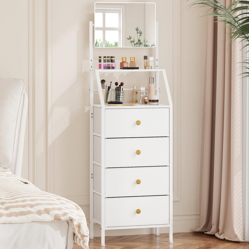 HIGDBFE Dresser with Mirror, 4 Drawers Dresser with 2-Tier Shelves, Freestanding Fabric Chest of Drawers for Small Space, Tall Narrow Nightstand Vanity for Bedroom, Hallway, Dorm, White, 15.3" W - Image 1