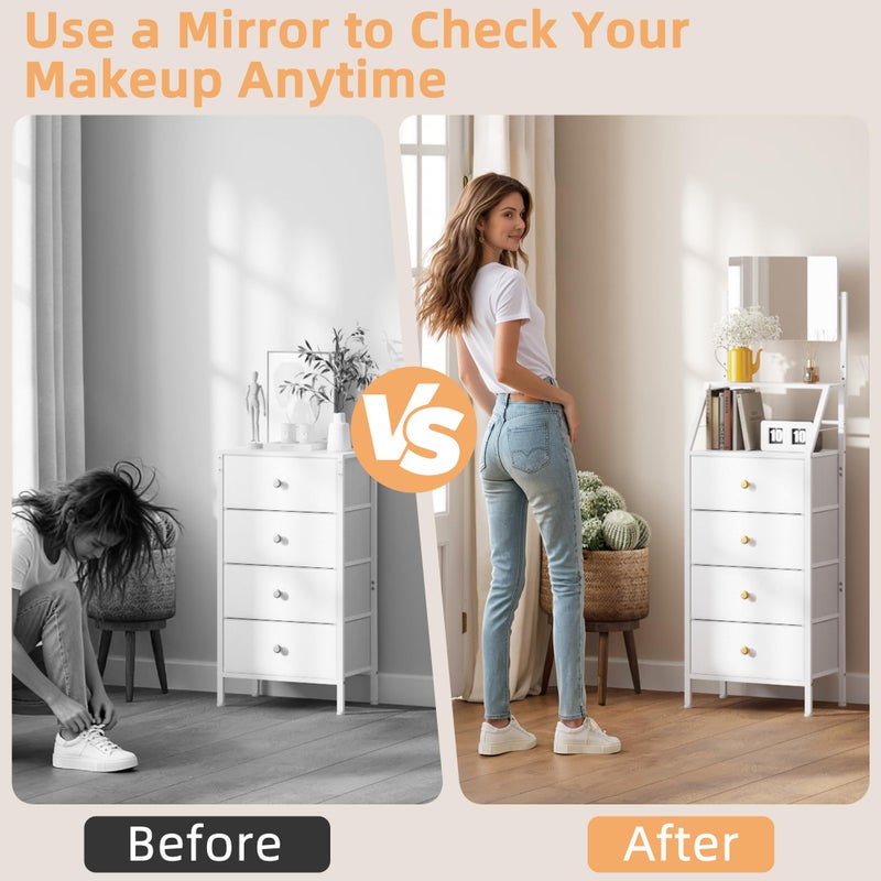 HIGDBFE Dresser with Mirror, 4 Drawers Dresser with 2-Tier Shelves, Freestanding Fabric Chest of Drawers for Small Space, Tall Narrow Nightstand Vanity for Bedroom, Hallway, Dorm, White, 15.3" W - Image 2