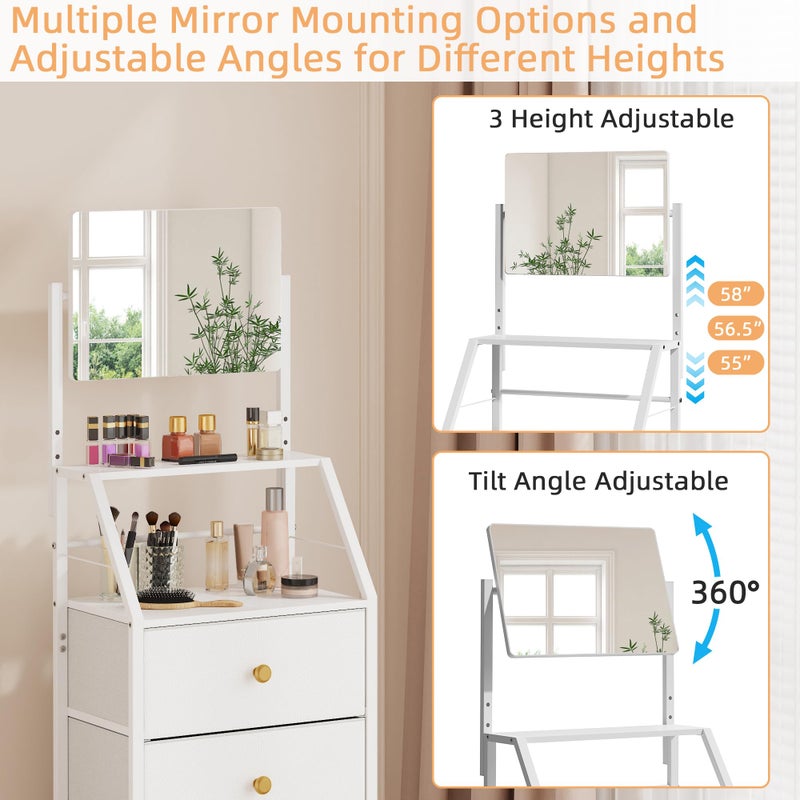 HIGDBFE Dresser with Mirror, 4 Drawers Dresser with 2-Tier Shelves, Freestanding Fabric Chest of Drawers for Small Space, Tall Narrow Nightstand Vanity for Bedroom, Hallway, Dorm, White, 15.3" W - Image 4