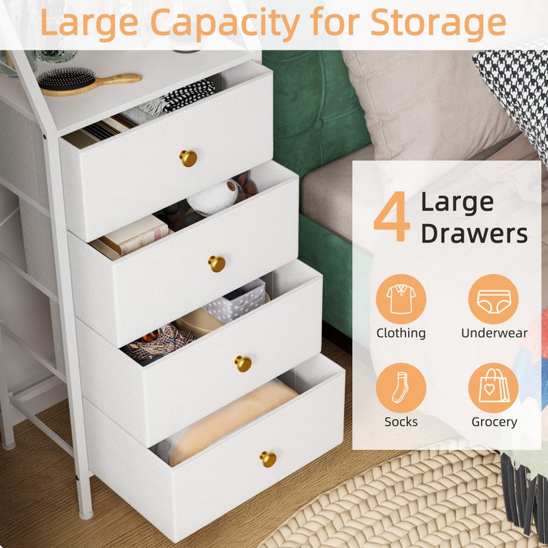 HIGDBFE Dresser with Mirror, 4 Drawers Dresser with 2-Tier Shelves, Freestanding Fabric Chest of Drawers for Small Space, Tall Narrow Nightstand Vanity for Bedroom, Hallway, Dorm, White, 15.3" W - Image 5