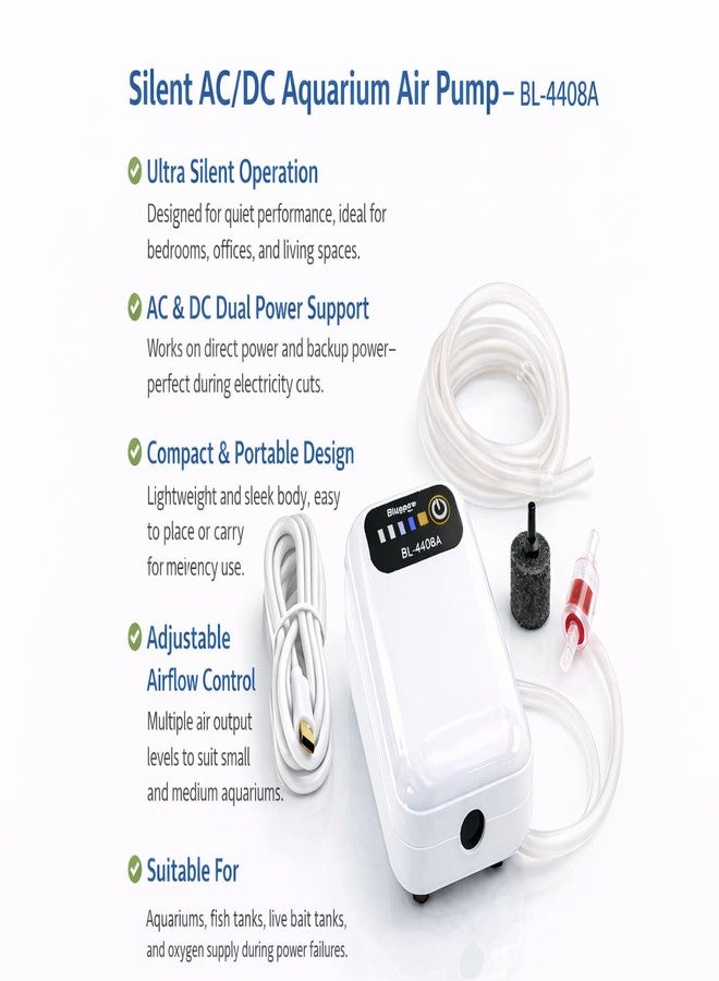 rizopets BL-440B Aquarium Air Pump, White, with Air Stone and Tubing, USB Powered - Image 2