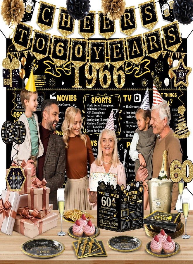 YeohJoy 60th Birthday Decorations for Men Women, 106 PCS Back in 1964 Decorations, Vintage 60th Birthday Party Tableware Set for men,Backdrops,Card, banner, paper Poms,Hanging Swirl, Tableware for 24 Guests - Image 2