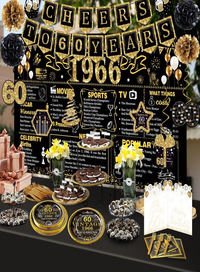YeohJoy 60th Birthday Decorations for Men Women, 106 PCS Back in 1964 Decorations, Vintage 60th Birthday Party Tableware Set for men,Backdrops,Card, banner, paper Poms,Hanging Swirl, Tableware for 24 Guests - Image 3