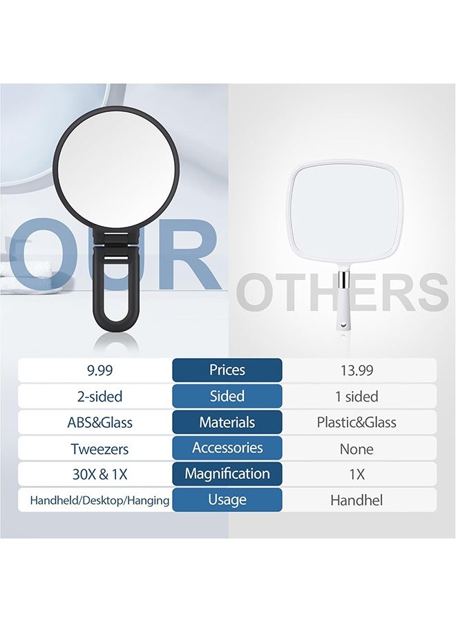 مرآة مكبرة 30x، مرايا يدوية للسفر بمقبض - مرآة محمولة مزدوجة الجانب مع تكبير 1X 30X ومقبض/حامل قابل للتعديل، مرآة سفر قابلة للطي باليد للمكياج (أسود) - Image 3