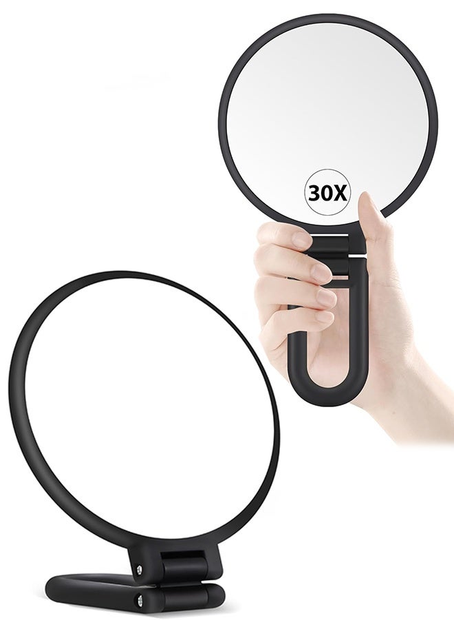 مرآة مكبرة 30x، مرايا يدوية للسفر بمقبض - مرآة محمولة مزدوجة الجانب مع تكبير 1X 30X ومقبض/حامل قابل للتعديل، مرآة سفر قابلة للطي باليد للمكياج (أسود) - Image 1