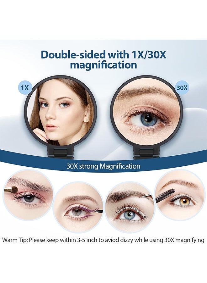 مرآة مكبرة 30x، مرايا يدوية للسفر بمقبض - مرآة محمولة مزدوجة الجانب مع تكبير 1X 30X ومقبض/حامل قابل للتعديل، مرآة سفر قابلة للطي باليد للمكياج (أسود) - Image 2