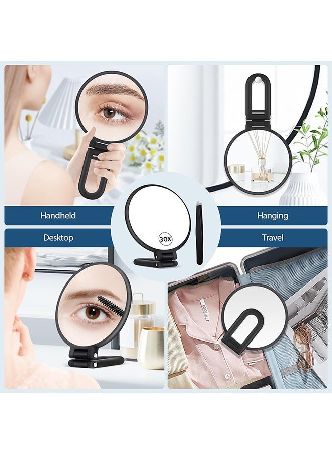 مرآة مكبرة 30x، مرايا يدوية للسفر بمقبض - مرآة محمولة مزدوجة الجانب مع تكبير 1X 30X ومقبض/حامل قابل للتعديل، مرآة سفر قابلة للطي باليد للمكياج (أسود) - Image 4