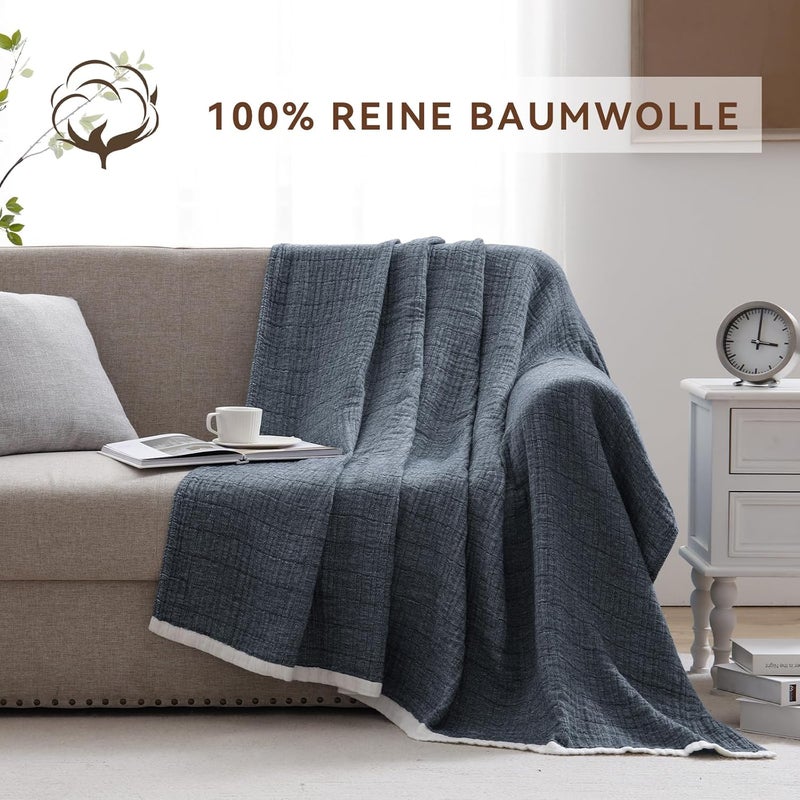 SE SOFTEXLY بطانية قطنية من نوع موسلين من SE SOFTEXLY، مكونة من 100% قطن، مقاس كبير (200" x 230 سم)، لونها أزرق بحري، مناسبة لجميع المواسم، خفيفة الوزن وناعمة جدًا. - Image 4