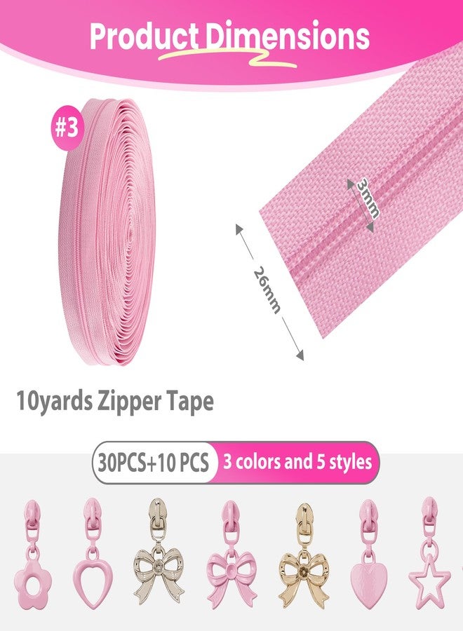 Mylbeter #3 Nylon Coil Zippers by The Yards Pink Bulk Zippers 10 Yards with 40PCS Sliders Continuous Zipper Tape for DIY Bag Clothing Sewing Crafts Gold Pull Sliver Slider Zipper for Bags and Purses - Image 5