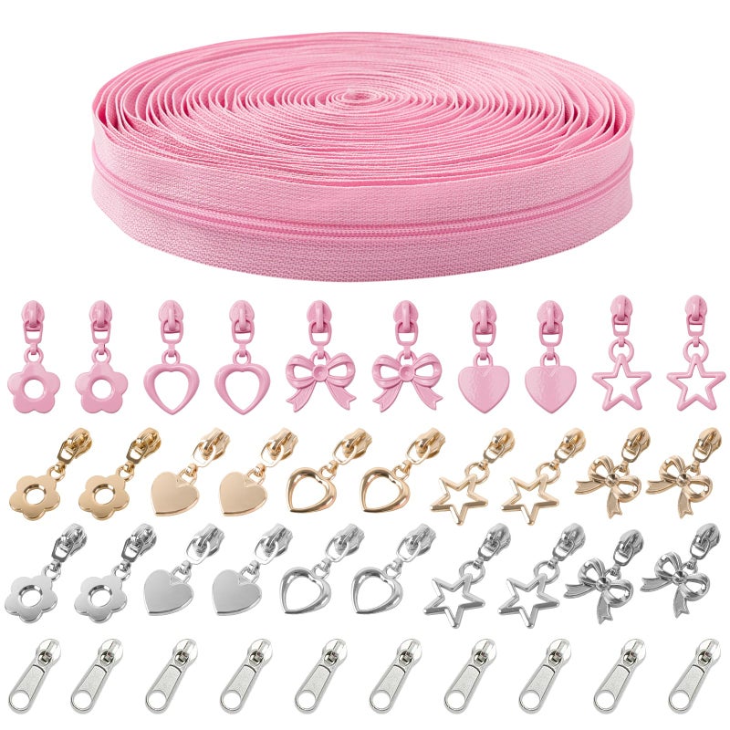 Mylbeter #3 Nylon Coil Zippers by The Yards Pink Bulk Zippers 10 Yards with 40PCS Sliders Continuous Zipper Tape for DIY Bag Clothing Sewing Crafts Gold Pull Sliver Slider Zipper for Bags and Purses - Image 1