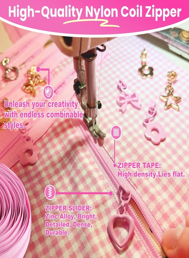 Mylbeter #3 Nylon Coil Zippers by The Yards Pink Bulk Zippers 10 Yards with 40PCS Sliders Continuous Zipper Tape for DIY Bag Clothing Sewing Crafts Gold Pull Sliver Slider Zipper for Bags and Purses - Image 2