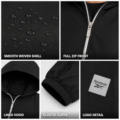 Reebok Womens Windbreaker Jacket - Lightweight Wind Water Resistant Insulated Zip Up Jackets for Women with Pockets & Hood, Size Large, Black - Image 4