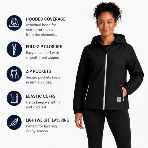 Reebok Womens Windbreaker Jacket - Lightweight Wind Water Resistant Insulated Zip Up Jackets for Women with Pockets & Hood, Size Large, Black - Image 5