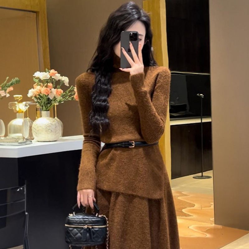 ZZ Sense Knitted Sweater dress Childrens Autumn and Winter 2025 New Small Fragrance Inner Wear suit Wear a Complete Set brown suit (with belt)
