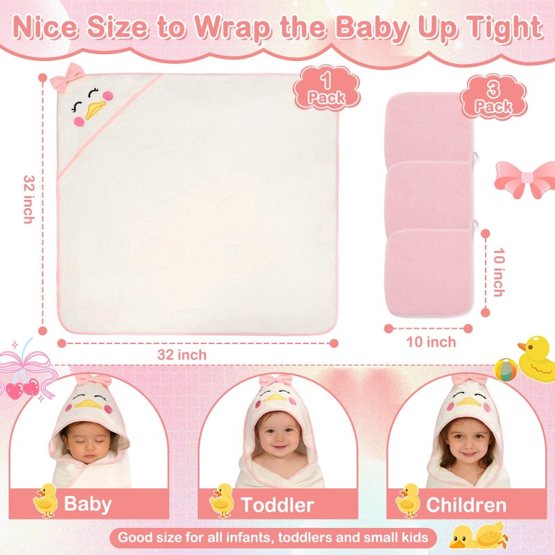 Flasoo 4 PCS Baby Towels Set, Soft Baby Towels and Washcloths Set, 1 Hooded Baby Towel and 3 Baby Washcloths for Newborns, Toddlers, and Kids, 32x32 Baby Towel with Hood for Boy and Girl (Pink Duck) - Image 3