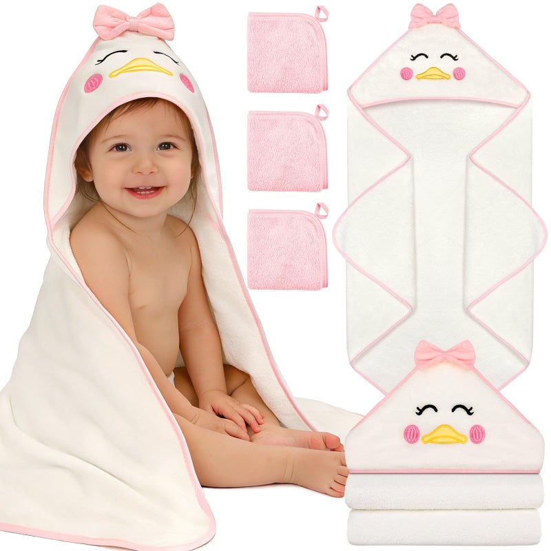 Flasoo 4 PCS Baby Towels Set, Soft Baby Towels and Washcloths Set, 1 Hooded Baby Towel and 3 Baby Washcloths for Newborns, Toddlers, and Kids, 32x32 Baby Towel with Hood for Boy and Girl (Pink Duck) - Image 1