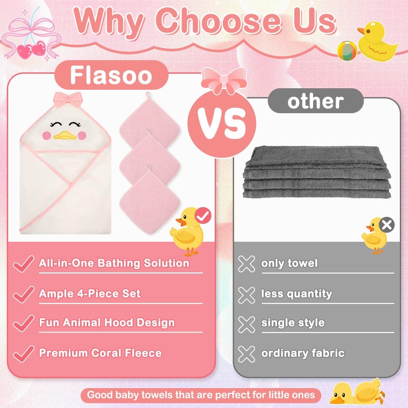 Flasoo 4 PCS Baby Towels Set, Soft Baby Towels and Washcloths Set, 1 Hooded Baby Towel and 3 Baby Washcloths for Newborns, Toddlers, and Kids, 32x32 Baby Towel with Hood for Boy and Girl (Pink Duck) - Image 2