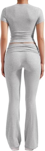 ZFLM Casual Workout Two Piece Outfits for Women Short Sleeve Crop High Waist Foldover Flare Pants Tracksuit Sets Streetwear - Image 4