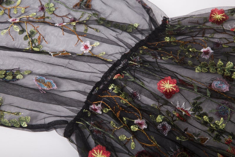 BaronHong Women's Floral Embroidered Tulle Prom Maxi Dress with Cami Dress 3/4 Sleeves(Black,XL) - Image 4