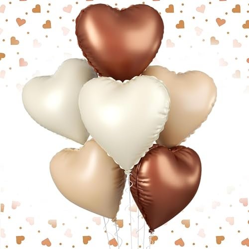 Atpata Funky Boho Theme Foil Balloons - White Sand, Nude Cream, Tan Brown Caramel Shades - Stars and Hearts Shape - for Weddings, Birthdays, Baby Showers, and Party Decorations (6pcs, Hearts) - Image 1
