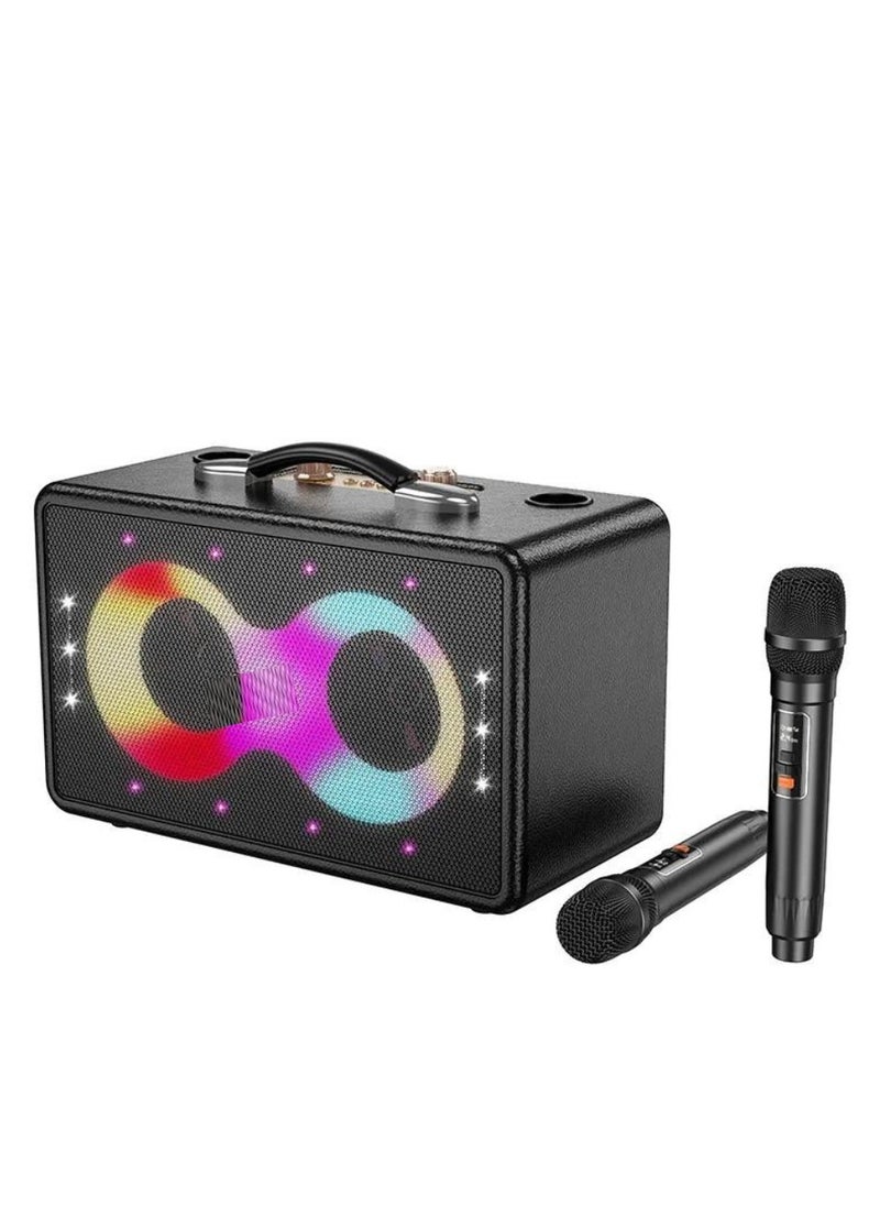Portable Bluetooth Speaker with 60W Peak Output | Dual 15W Full-Range Drivers & 5W Tweeter | Dual Wireless Microphones | RGB Strobe Party Lights | 2×3000mAh Battery | USB-C Charging | 6H Music / 8H Mic Playtime | TF/USB/AUX Playback | Echo & Reverb Control | Ideal for Karaoke, Parties, Events