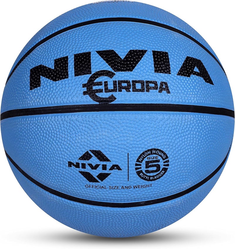 Nivia Europa Basketball, As per Basic Standard, 8 Panels, Molded Durable Rubber, Butyl Threadwounded Bladder, To Play on All Indoor & Outdoor Surfaces (Size - 5, Assorted) - Image 1