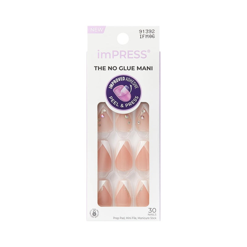 Impress KISS imPRESS No Glue Mani Press On Nails, French, 'Glimpse', White, Medium Size, Coffin Shape, Includes 30 Nails, Prep Pad, Instructions Sheet, 1 Manicure Stick, 1 Mini File - Image 1