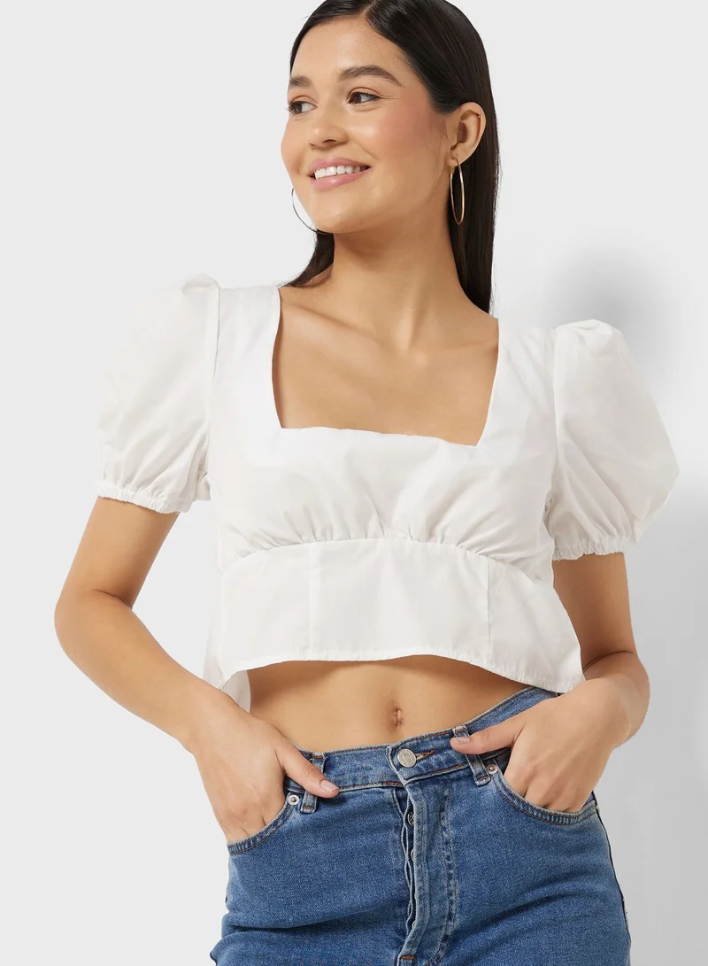 PUBLIC DESIRE Puff Sleeve Woven Tie Back Top