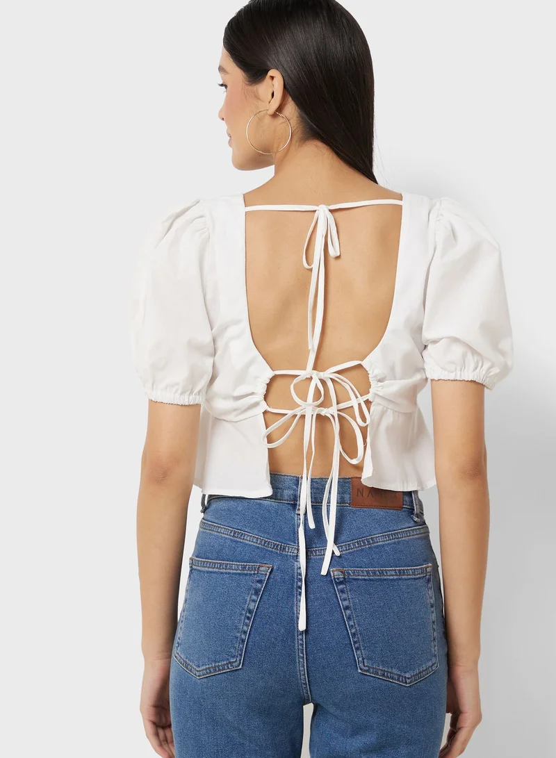 PUBLIC DESIRE Puff Sleeve Woven Tie Back Top