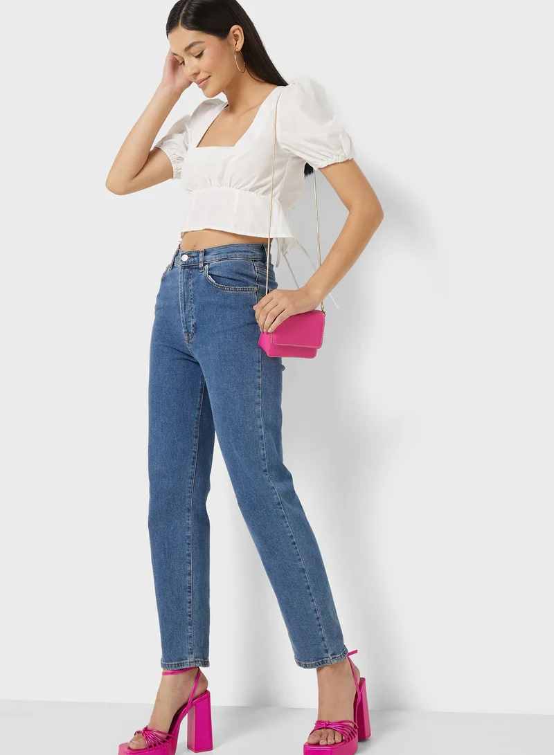 PUBLIC DESIRE Puff Sleeve Woven Tie Back Top