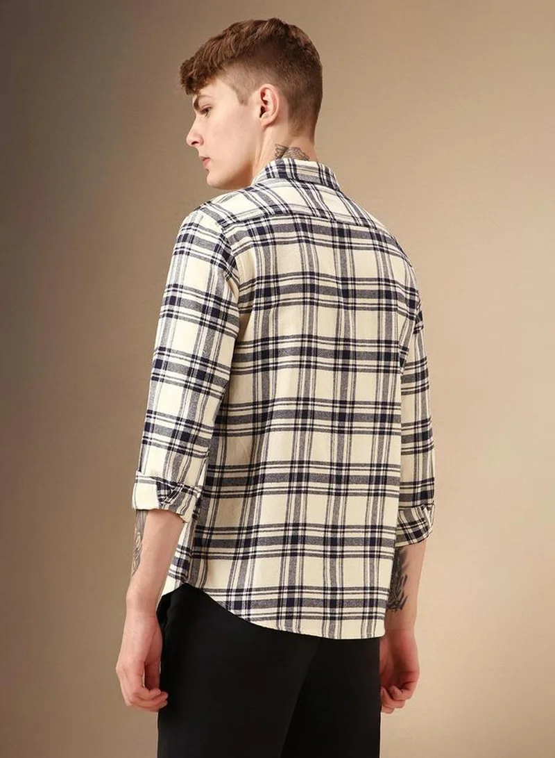 Dennis Lingo Men's Beige 100% Cotton Checkered Relaxed Fit Shirt