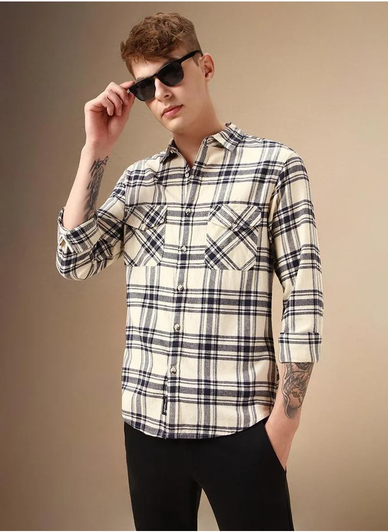 Dennis Lingo Men's Beige 100% Cotton Checkered Relaxed Fit Shirt