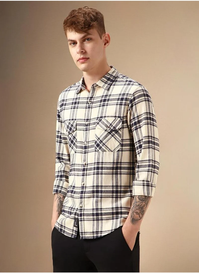 Dennis Lingo Men's Beige 100% Cotton Checkered Relaxed Fit Shirt