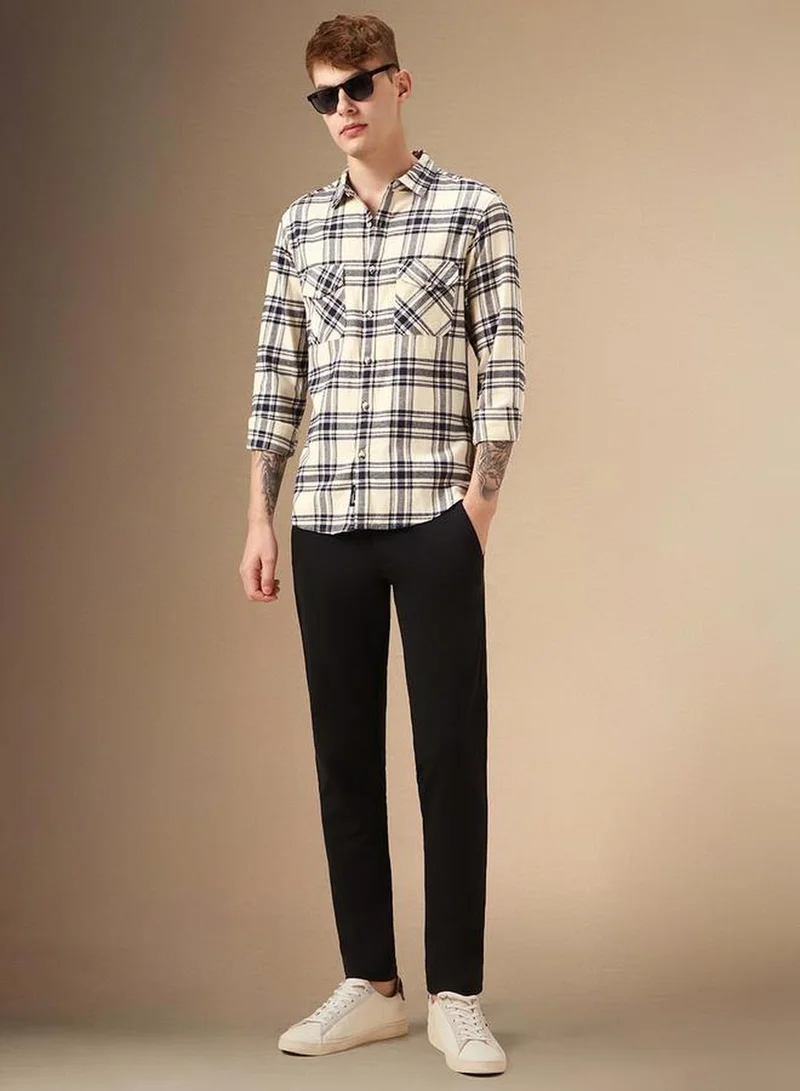 Dennis Lingo Men's Beige 100% Cotton Checkered Relaxed Fit Shirt