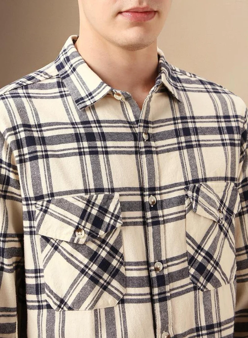 Dennis Lingo Men's Beige 100% Cotton Checkered Relaxed Fit Shirt