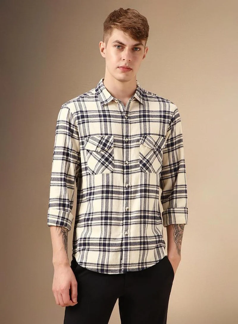 Dennis Lingo Men's Beige 100% Cotton Checkered Relaxed Fit Shirt