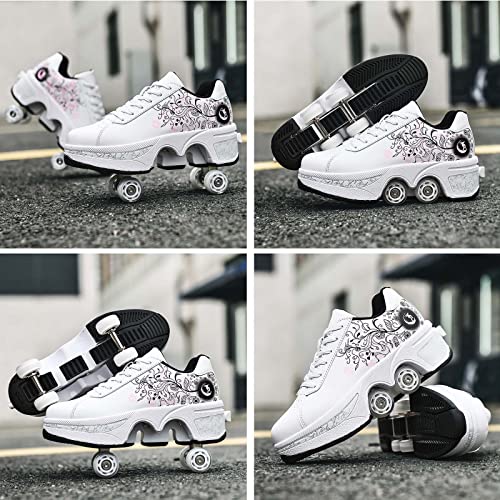 Deformation Roller Skates أحذية التزلج على العجلات للنساء بأربعة دوائر للأطفال أحذية التزلج التي تتحول إلى أحذية رياضية خارجية خفيفة مع عجلات للفتيات/الأولاد (أبيض وردي، US 5) - Image 5