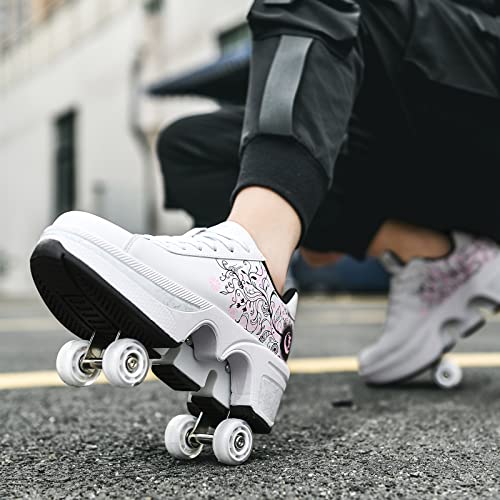 Deformation Roller Skates أحذية التزلج على العجلات للنساء بأربعة دوائر للأطفال أحذية التزلج التي تتحول إلى أحذية رياضية خارجية خفيفة مع عجلات للفتيات/الأولاد (أبيض وردي، US 5) - Image 4