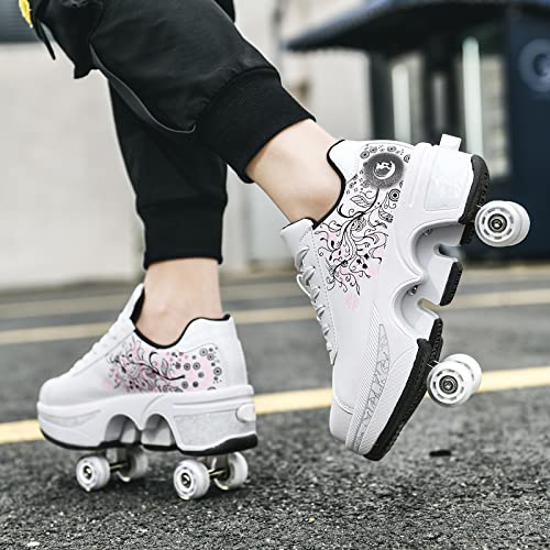 Deformation Roller Skates أحذية التزلج على العجلات للنساء بأربعة دوائر للأطفال أحذية التزلج التي تتحول إلى أحذية رياضية خارجية خفيفة مع عجلات للفتيات/الأولاد (أبيض وردي، US 5) - Image 3