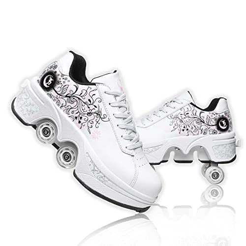 Deformation Roller Skates أحذية التزلج على العجلات للنساء بأربعة دوائر للأطفال أحذية التزلج التي تتحول إلى أحذية رياضية خارجية خفيفة مع عجلات للفتيات/الأولاد (أبيض وردي، US 5) - Image 1