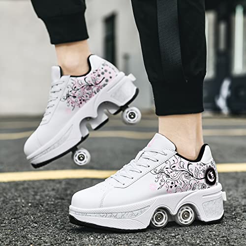 Deformation Roller Skates أحذية التزلج على العجلات للنساء بأربعة دوائر للأطفال أحذية التزلج التي تتحول إلى أحذية رياضية خارجية خفيفة مع عجلات للفتيات/الأولاد (أبيض وردي، US 5) - Image 2