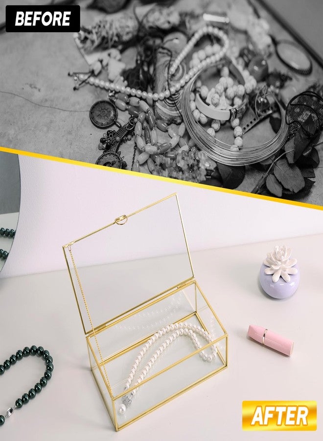 weyleity Vintage Gold Glass Jewelry Box 7.8 x 4.3 x 2.3 Inch | Vintage Clear Jewelry Keepsake Box, Large Golden Lidded Organizer Box with Lid, Gold Glass Photo Box Decorative Box - Image 4