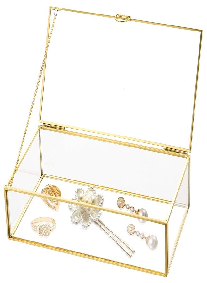 weyleity Vintage Gold Glass Jewelry Box 7.8 x 4.3 x 2.3 Inch | Vintage Clear Jewelry Keepsake Box, Large Golden Lidded Organizer Box with Lid, Gold Glass Photo Box Decorative Box - Image 1